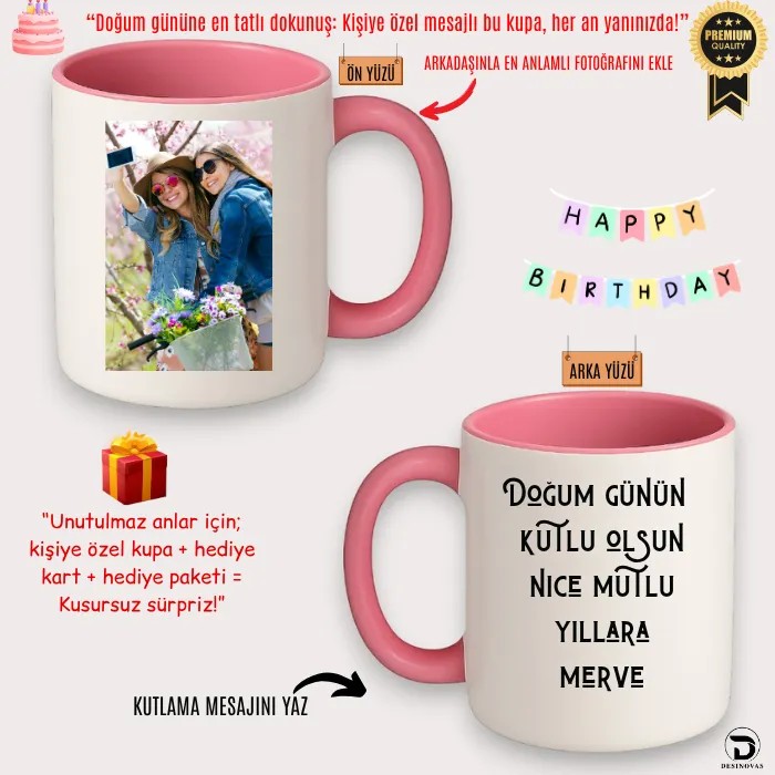 Pembe Kulplu & Pembe İçli Kişiye Özel Doğum Günü Kupası | Gift Kart & Şık Paket