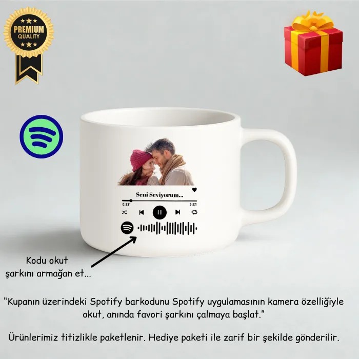 Çiftlere Özel Spotify’lı Beyaz Lüks Fincan Kupa – Premium Hediye Kutusu