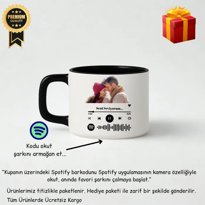 Sevgiliye Özel Spotify Barkodlu Lüks Kupa Fincan – Siyah İçli & Kulplu – Zarif Hediye Kutusunda