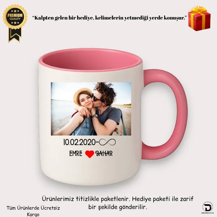 Fotoğraflı İsimli Tarihli Pembe Kupa Bardak – Hediye Paketli, Solmaz Baskı