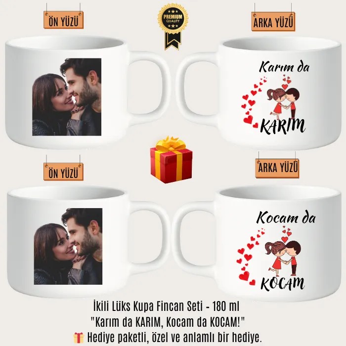 İkili Lüks Fincan Seti 180 ml – Karım da Karım, Kocam da Kocam | Hediye Paketli