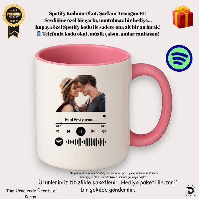 Spotify Kodlu Pembe Kupa Bardak – Hediye Paketli, Full HD Baskı & Solmama Garantili
