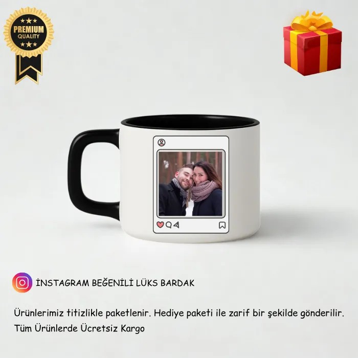 Instagram Beğeni Temalı Lüks Kupa Fincan – Siyah İçli & Kulplu – Zarif Kutusunda