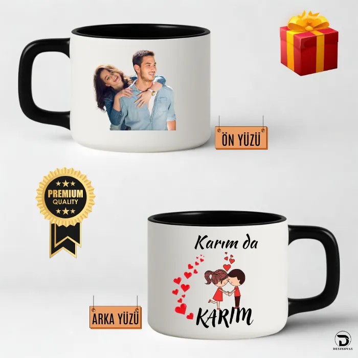 Karım da Karım, Kocam da Kocam Yazılı Siyah İçli & Kulplu Lüks Kupa Fincan – Hediye Paketli
