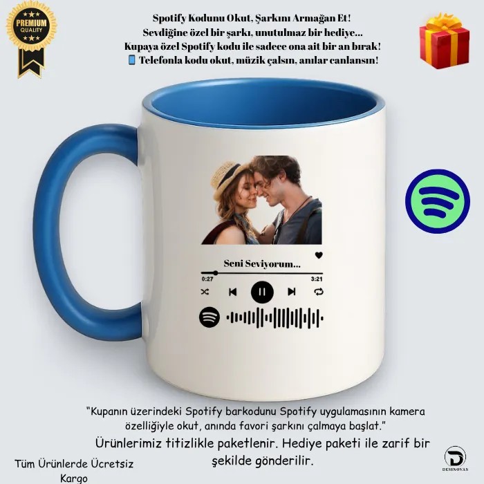 Spotify Kodlu Mavi Kupa Bardak – Hediye Paketli, Full HD Baskı & Solmama Garantili