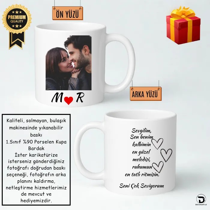 Sevgililere Özel Baş Harfli Fotoğraflı Kupa Bardak – Hediye Paketli