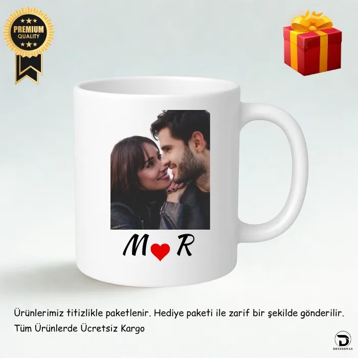 Sevgililere Özel Baş Harfli Fotoğraflı Kupa Bardak – Hediye Paketli