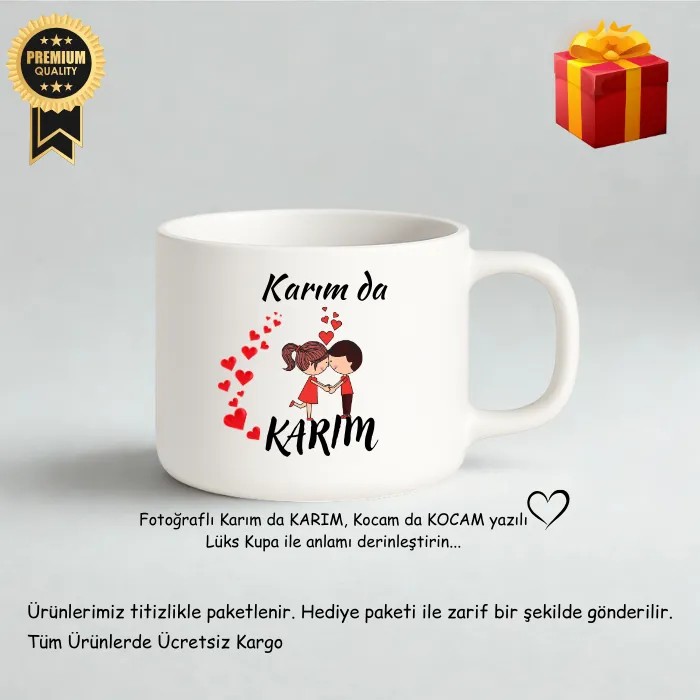 Çiftlere Özel “Karım da Karım, Kocam da Kocam” Beyaz Lüks Fincan – Hediye Paketli