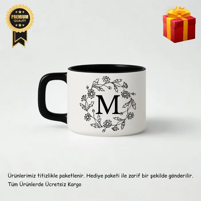 Baş Harf Çerçeveli Lüks Kupa Fincan – Siyah İçli & Kulplu – Premium Hediye Kutusunda