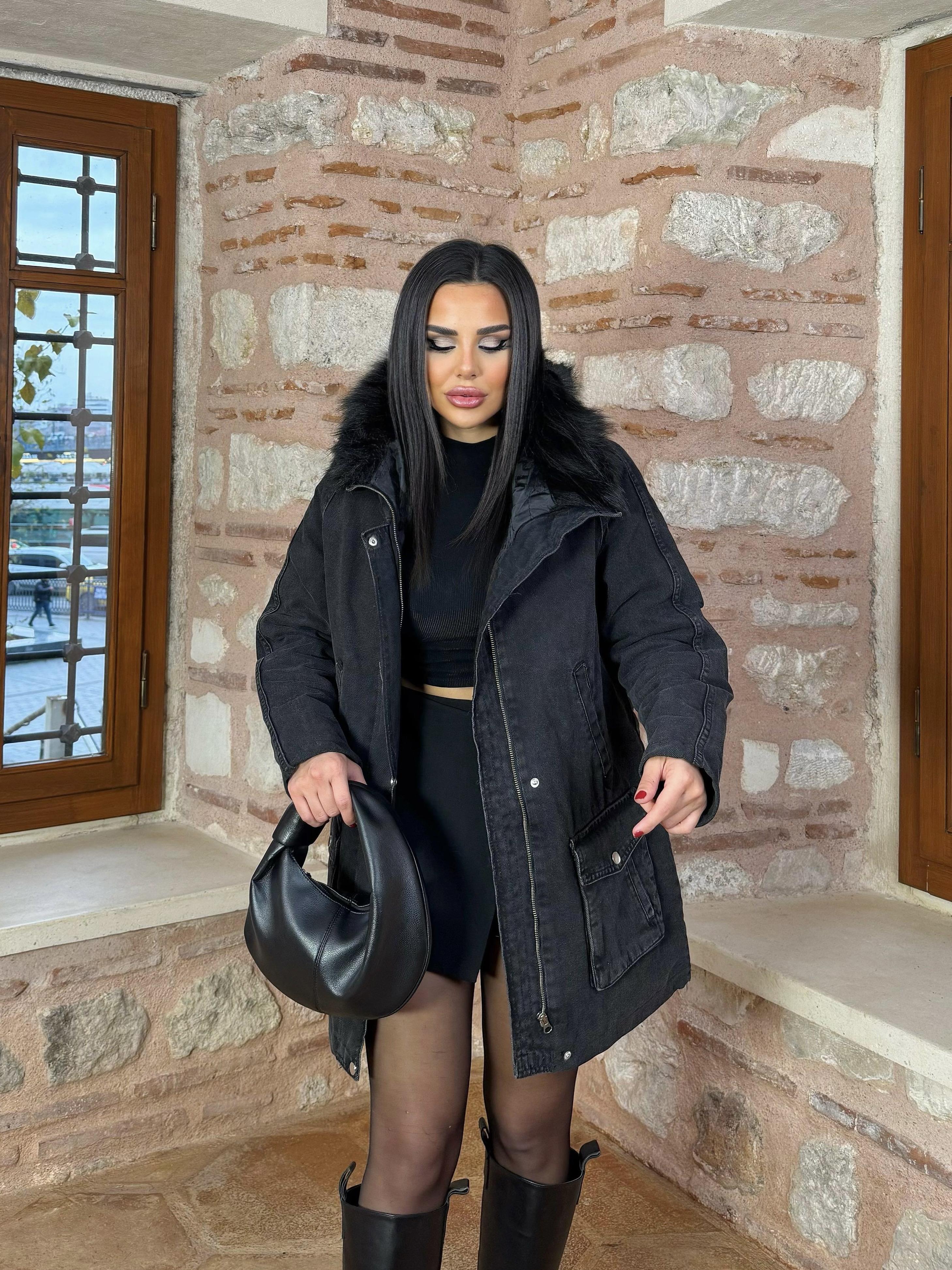 Wuala Kapşonlu Kot Mont Siyah