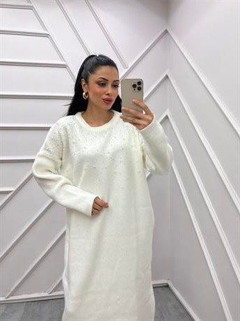 Triko Elbise İncili Beyaz