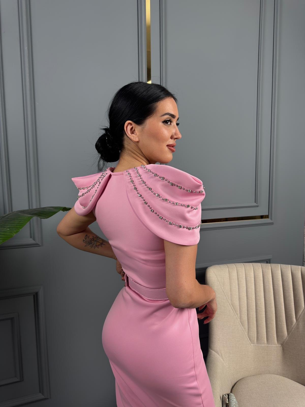 Gliter Taş Detaylı Tasarım Elbise Pembe