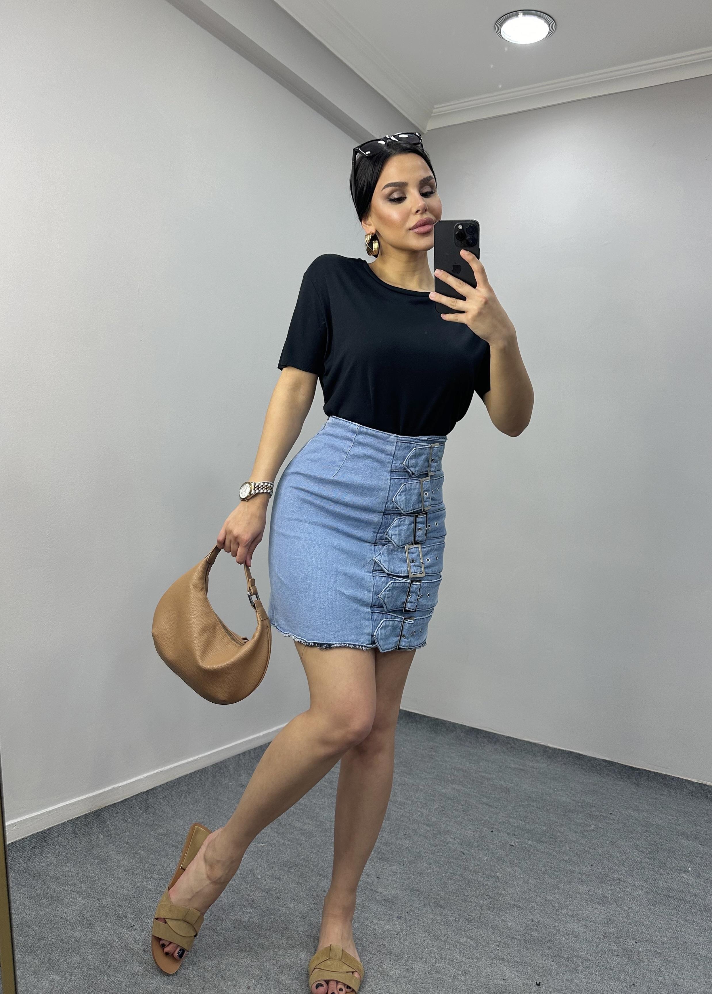 Juliyene Tasarım Kot Etek Açık Mavi