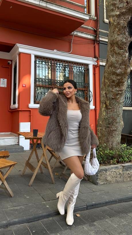 Velvet Kapşonlu Kürk Kaban Vizon