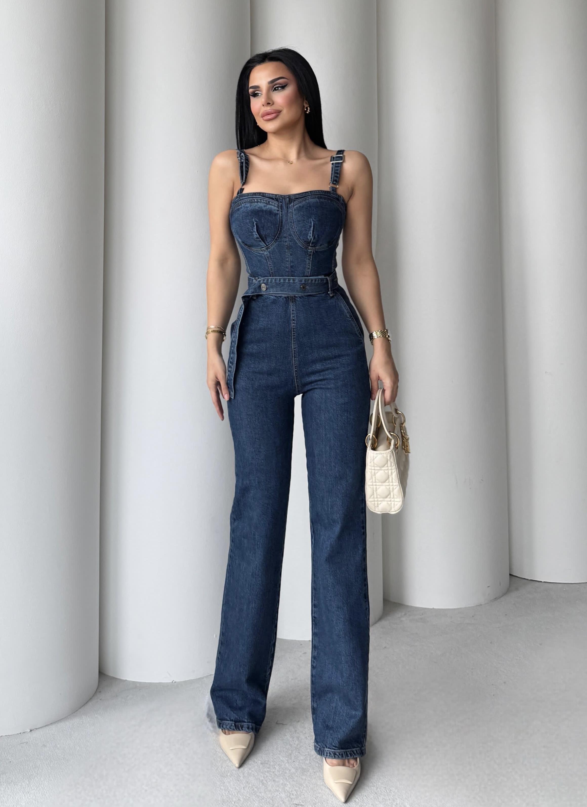 Luvia Kemer Detaylı Askılı Denim Tulum