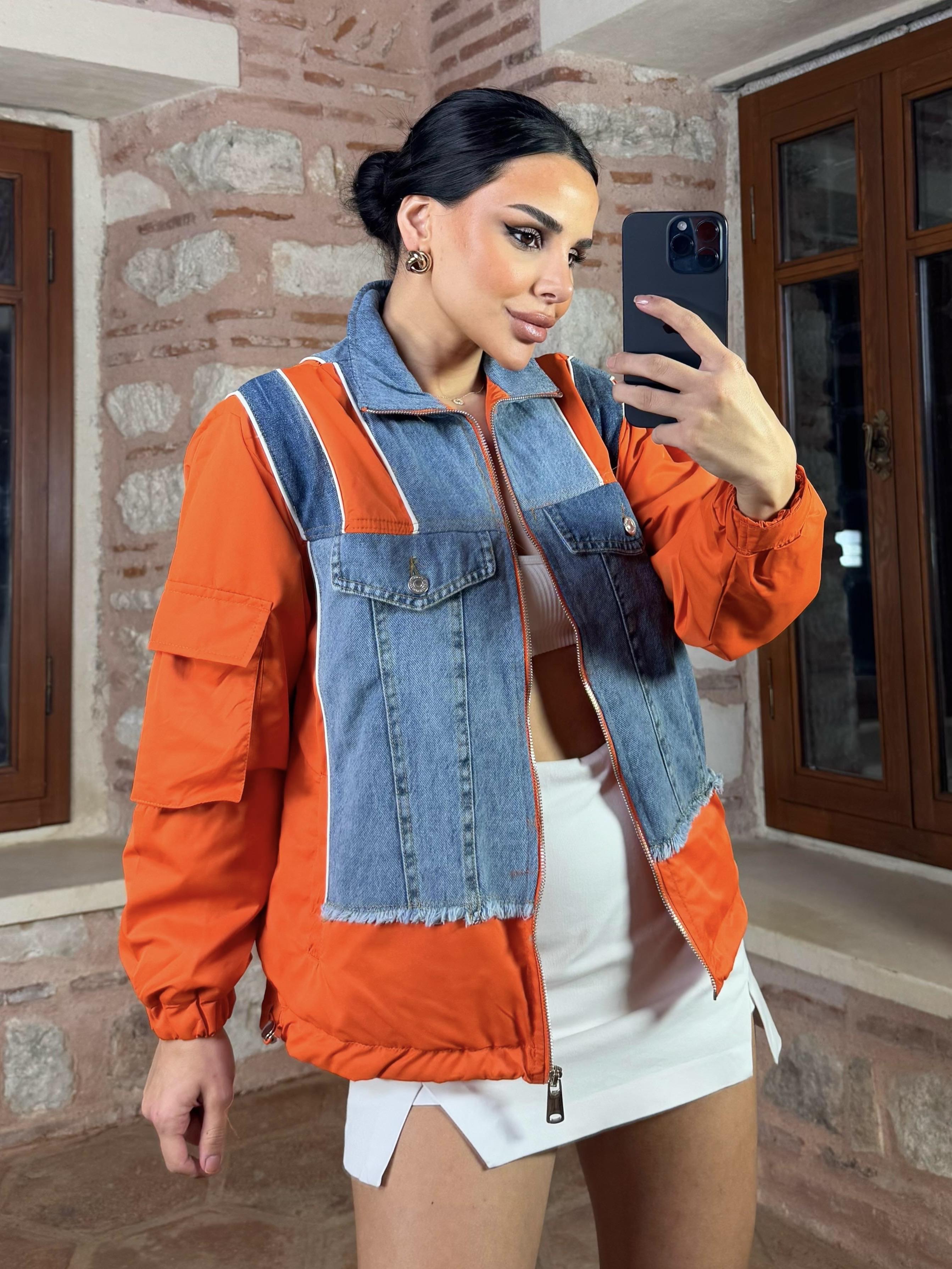 Frag Denim Detaylı Paraşüt Yağmurluk Turuncu