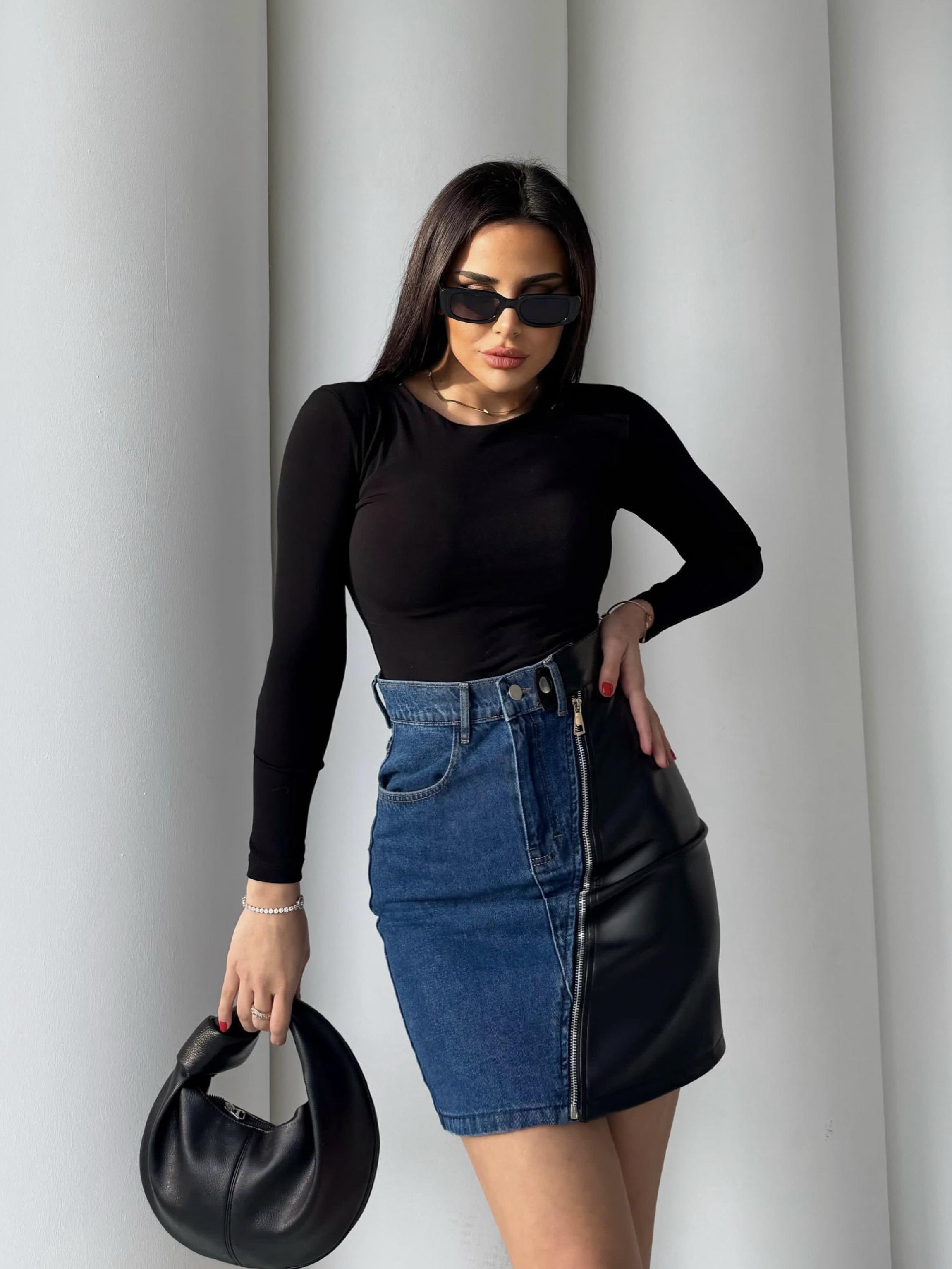 Mizu Deri Detaylı Denim Tasarım Etek Mavi