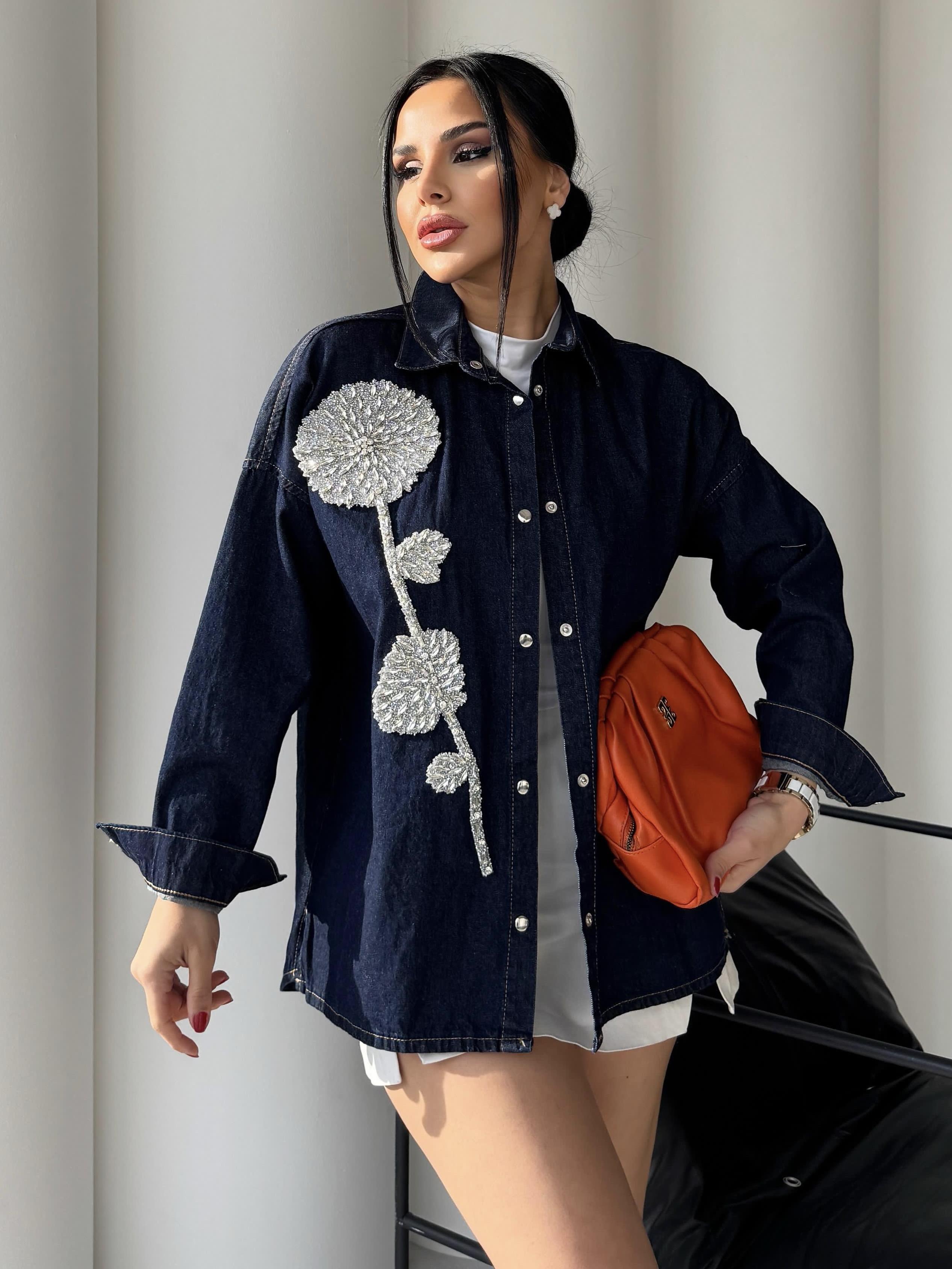 Bella Çiçek Taş Detaylı Denim Gömlek Ceket Lacivert