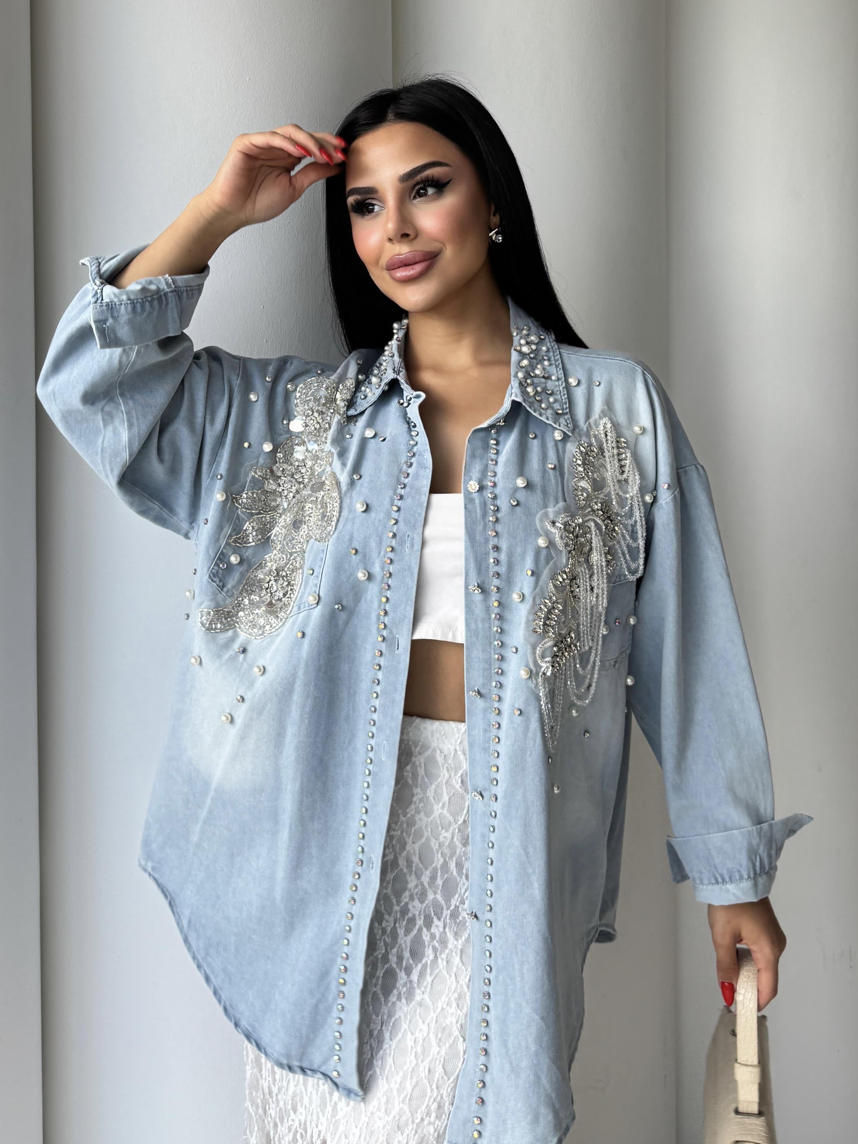 Turqaze Taş Detaylı Denim Ceket Mavi