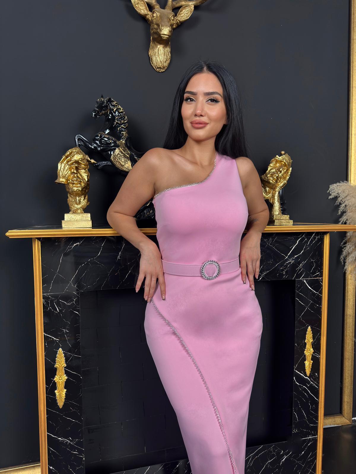 Melsa Tek Omuz Detaylı Abiye Elbise Pembe