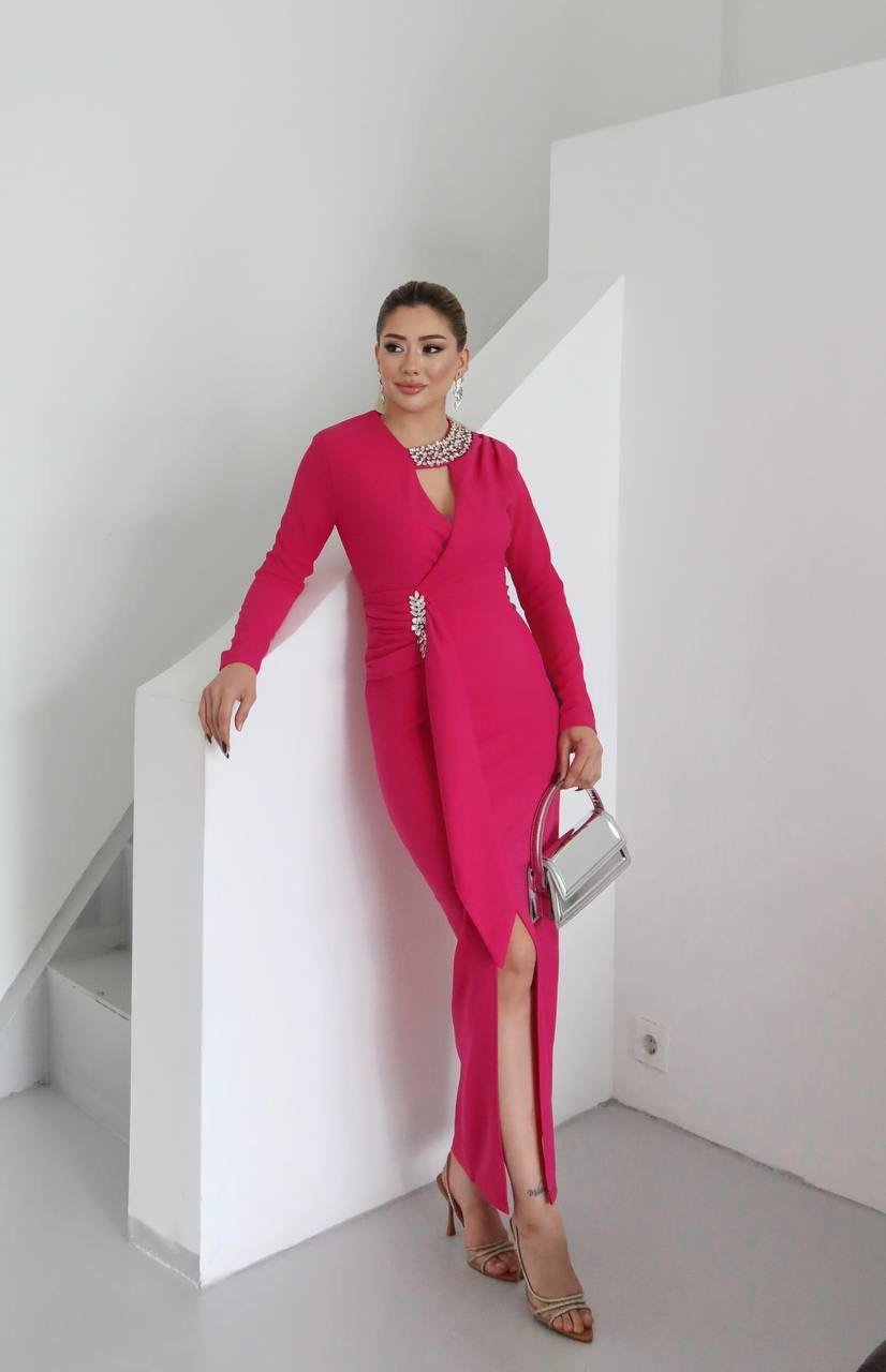 Nosa Taş Detaylı Abiye Elbise Fuşya