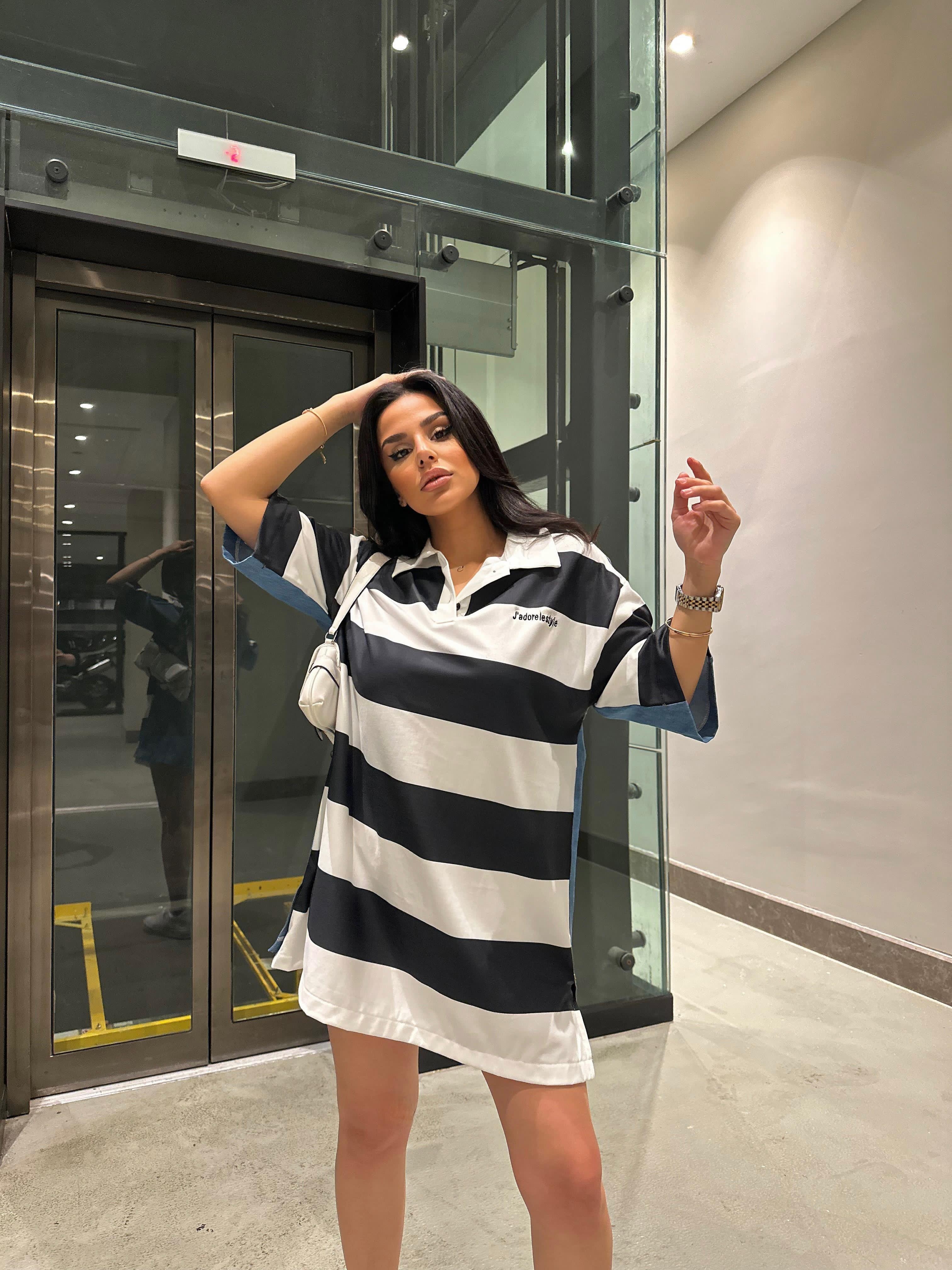 Jadore Çizgili Tasarım Tshirt Elbise