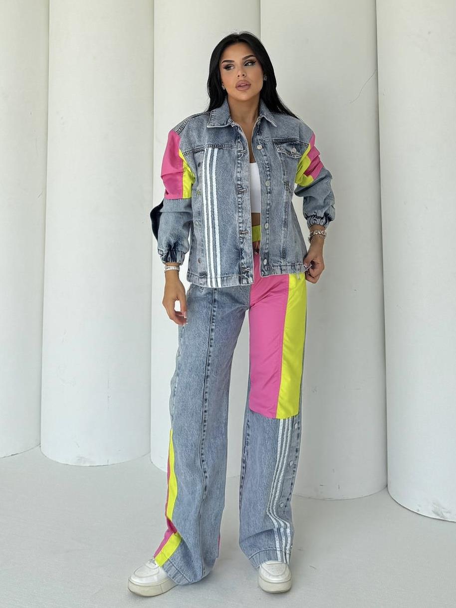 Delita Paraşüt Detaylı Denim Takım Pembe