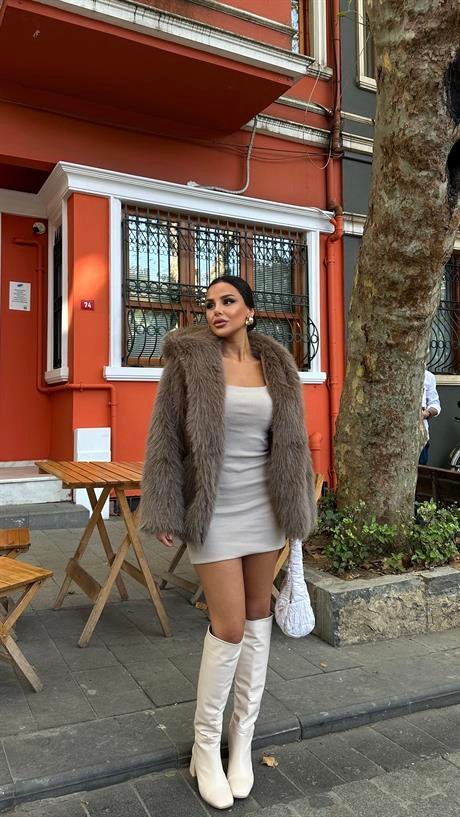 Velvet Kapşonlu Kürk Kaban Vizon