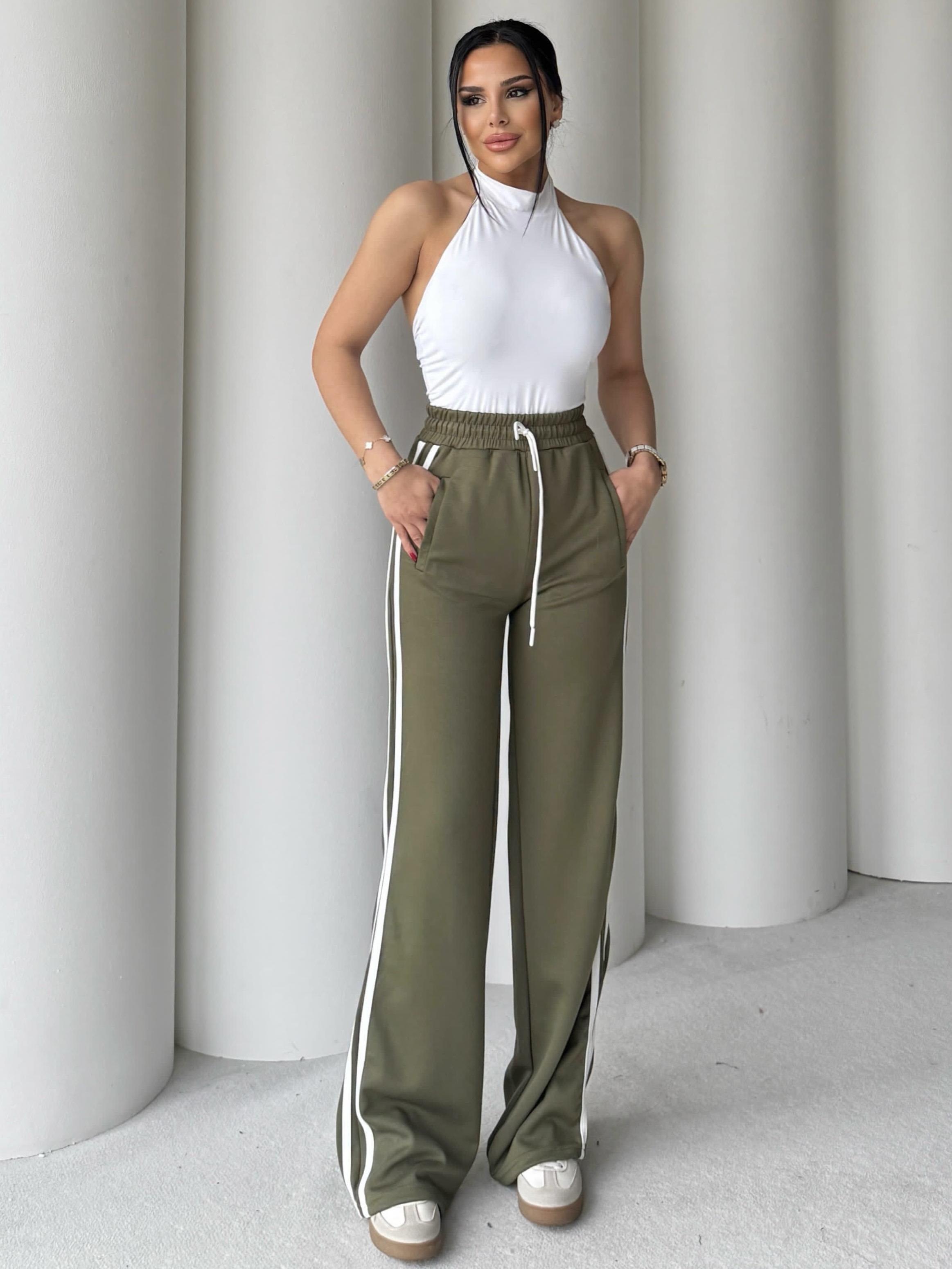 Laminta Yüksek Bel Şeritli Pantalon-Haki