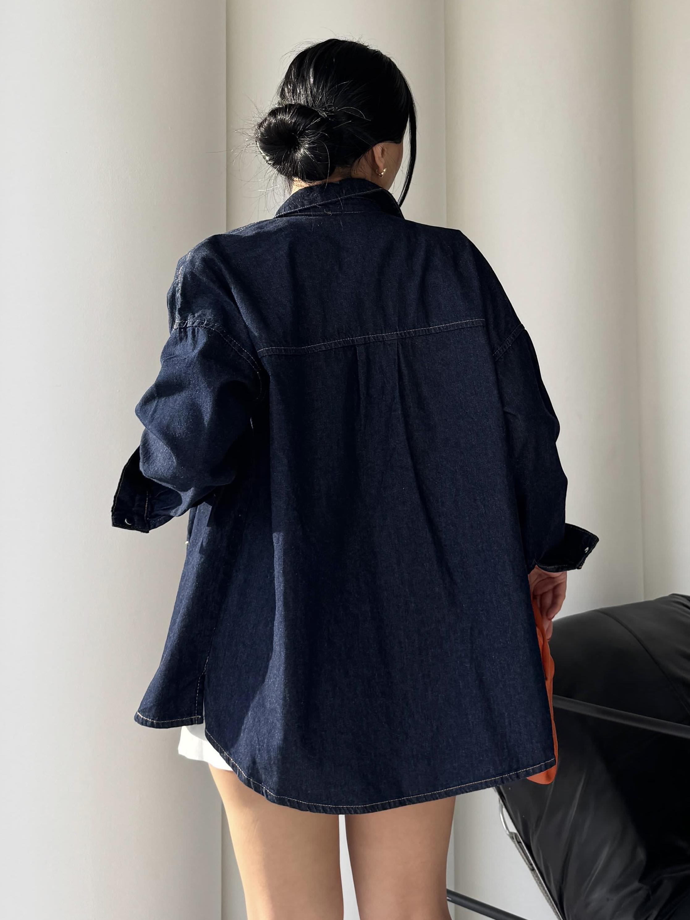 Bella Çiçek Taş Detaylı Denim Gömlek Ceket Lacivert