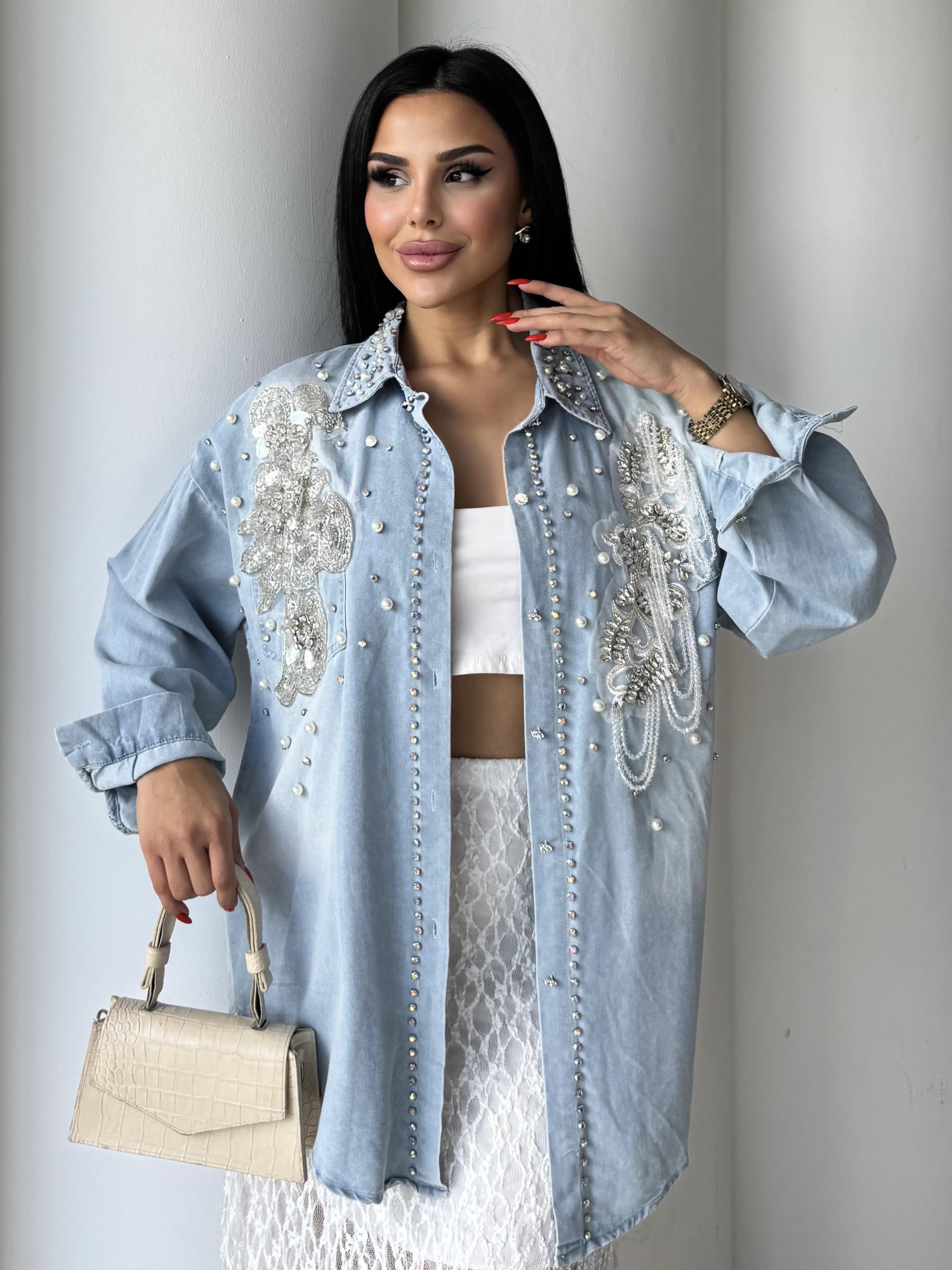 Turqaze Taş Detaylı Denim Ceket Mavi