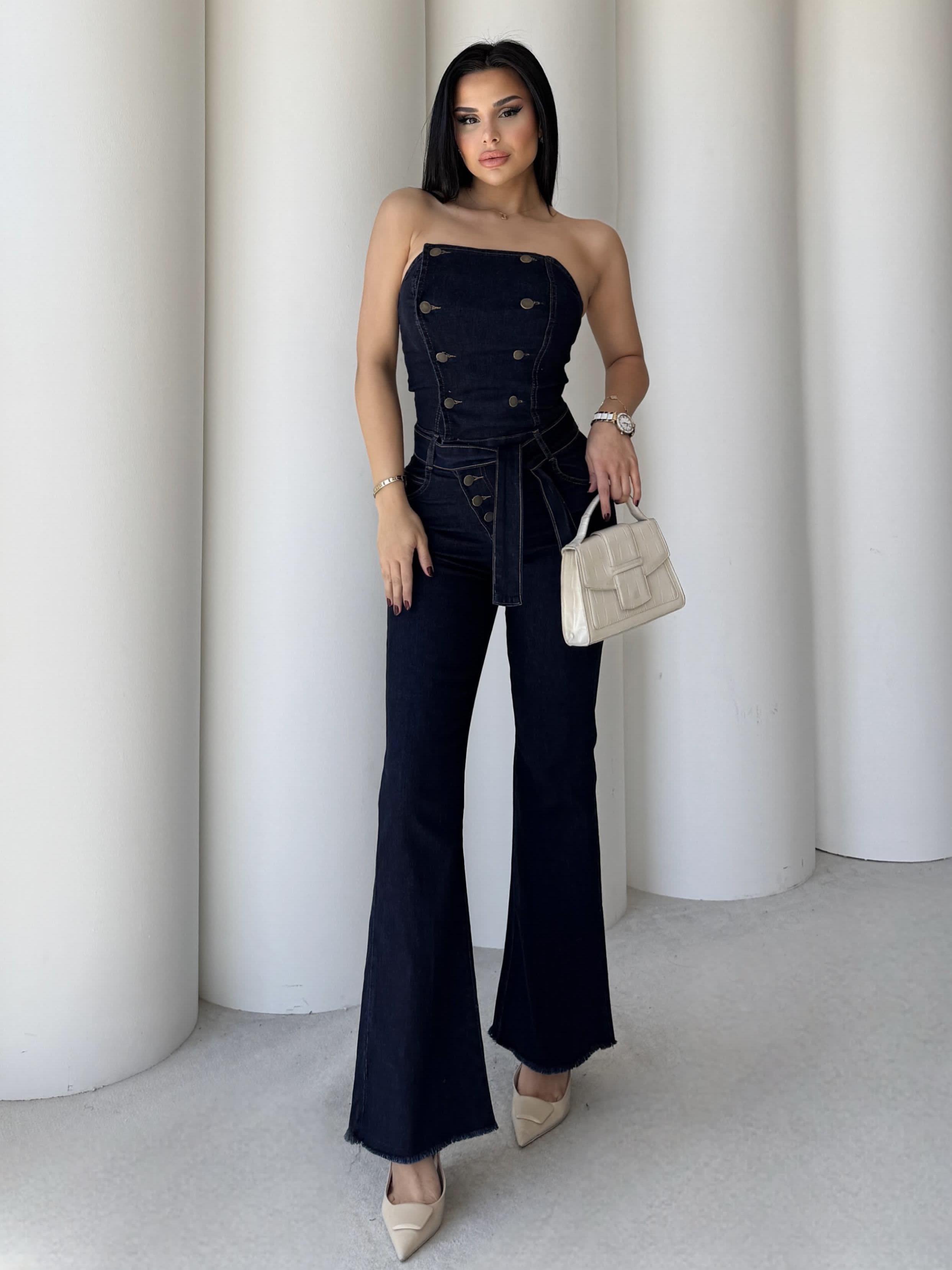 Polos Düğme Detaylı Denim Tulum Lacivert