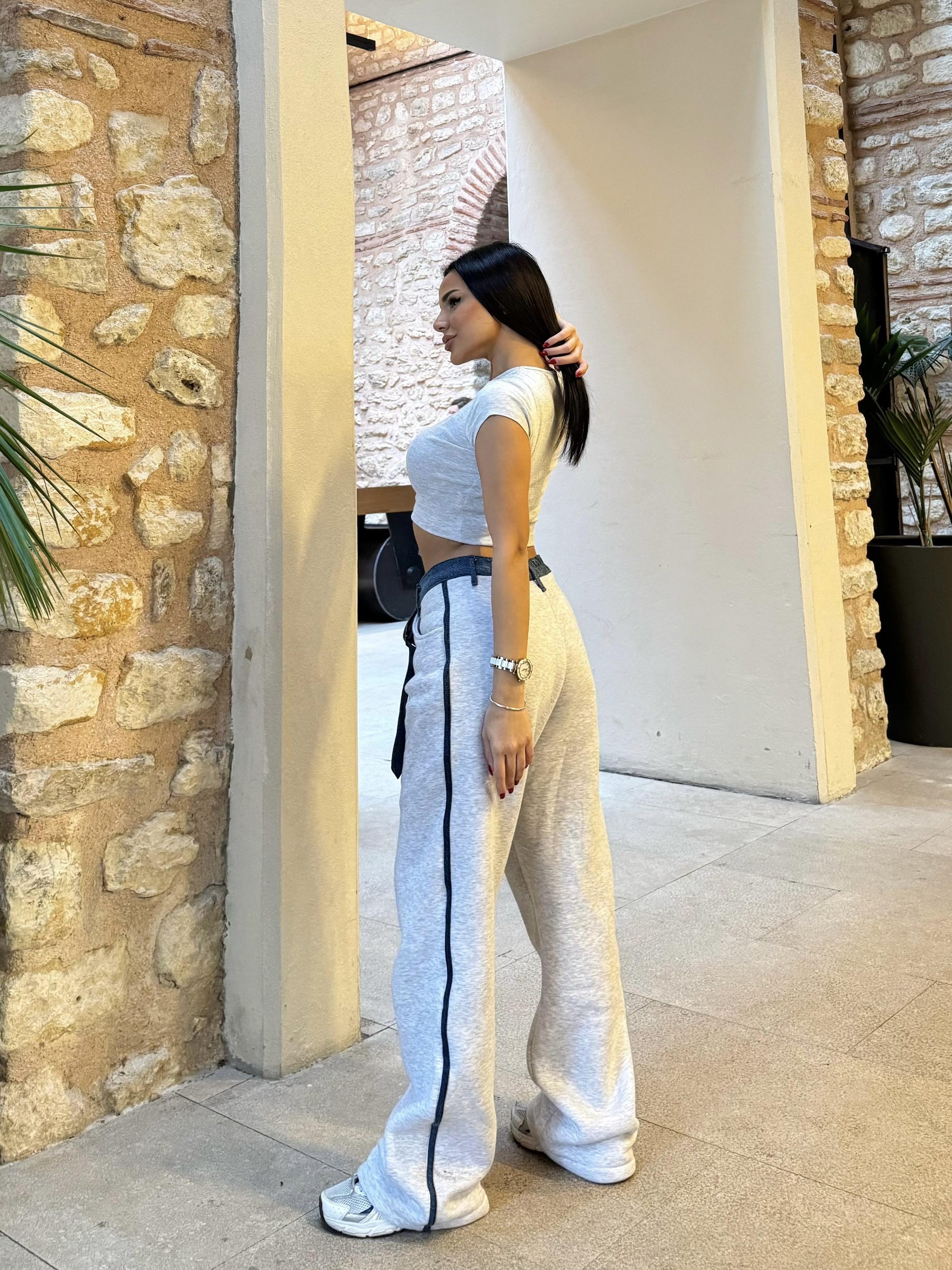 Baggy Üç İplik Tasarım Pantolon-Gri