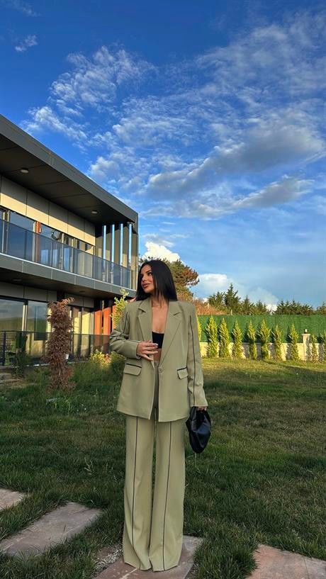 Style İkili Blazer Ceket Takım Haki