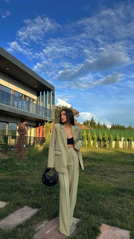Style İkili Blazer Ceket Takım Haki