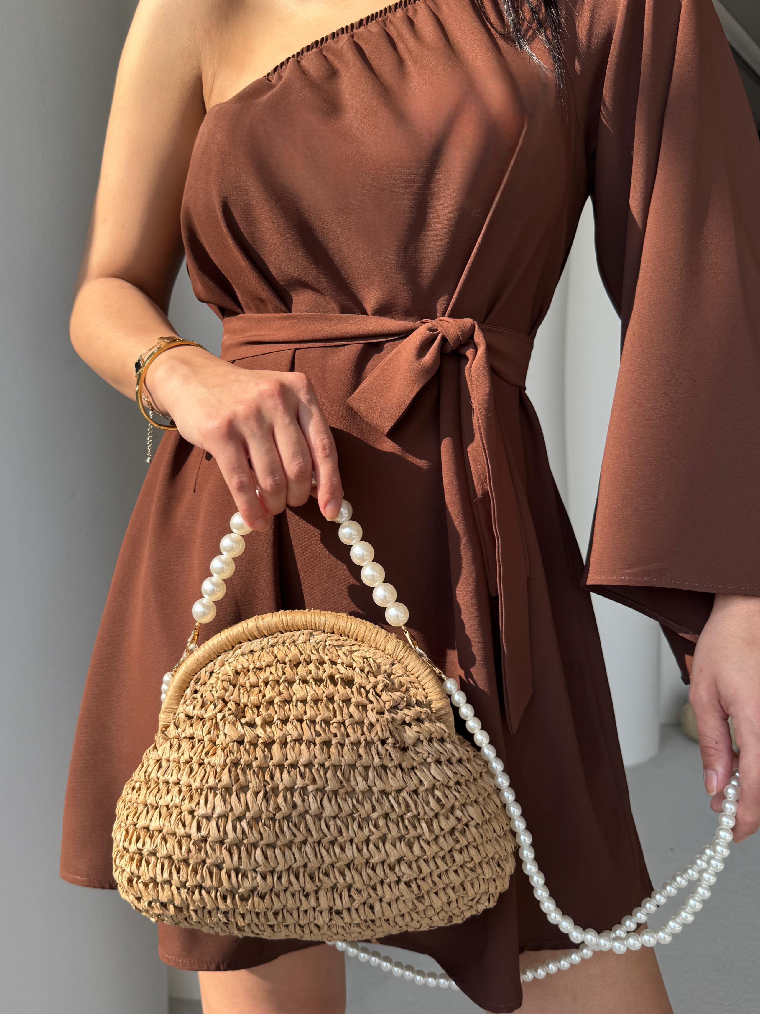 Pearl İnci Askı Detaylı Hasır Çanta Camel