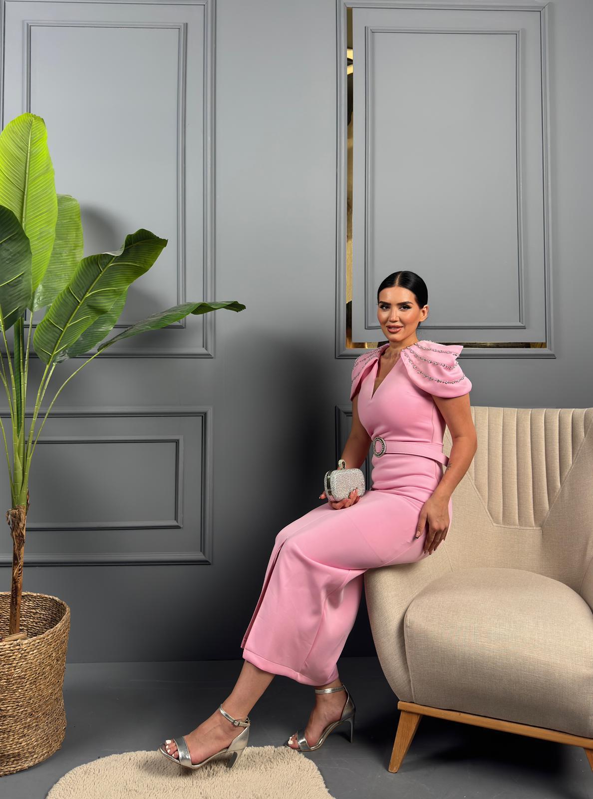 Gliter Taş Detaylı Tasarım Elbise Pembe