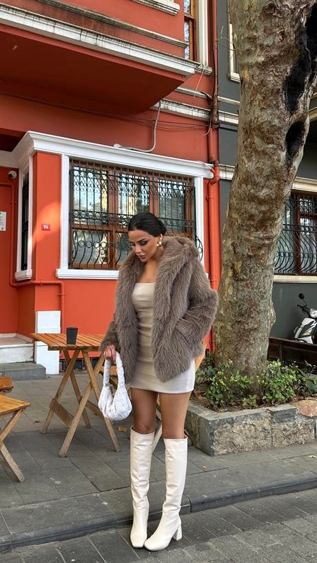 Velvet Kapşonlu Kürk Kaban Vizon