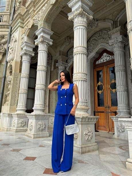Elanor Yelekli Taşlı Takım Saks Mavisi