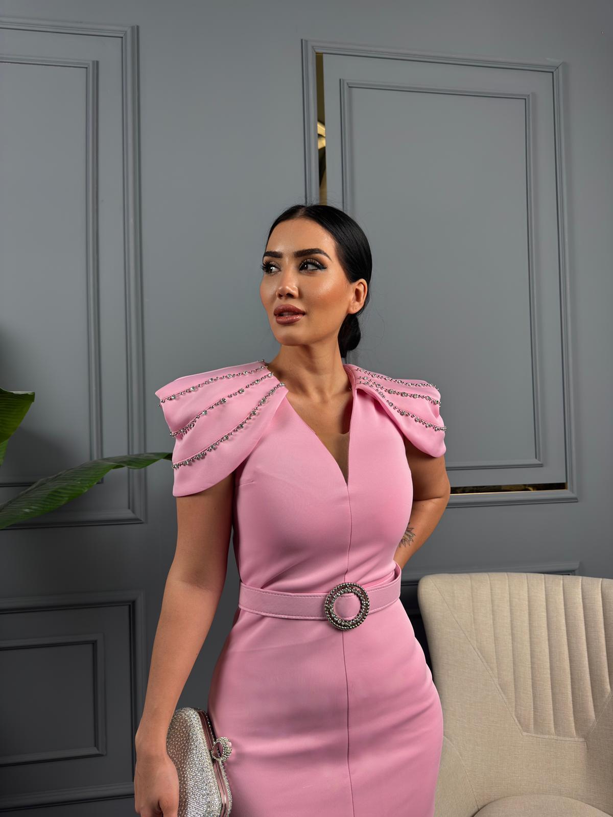 Gliter Taş Detaylı Tasarım Elbise Pembe