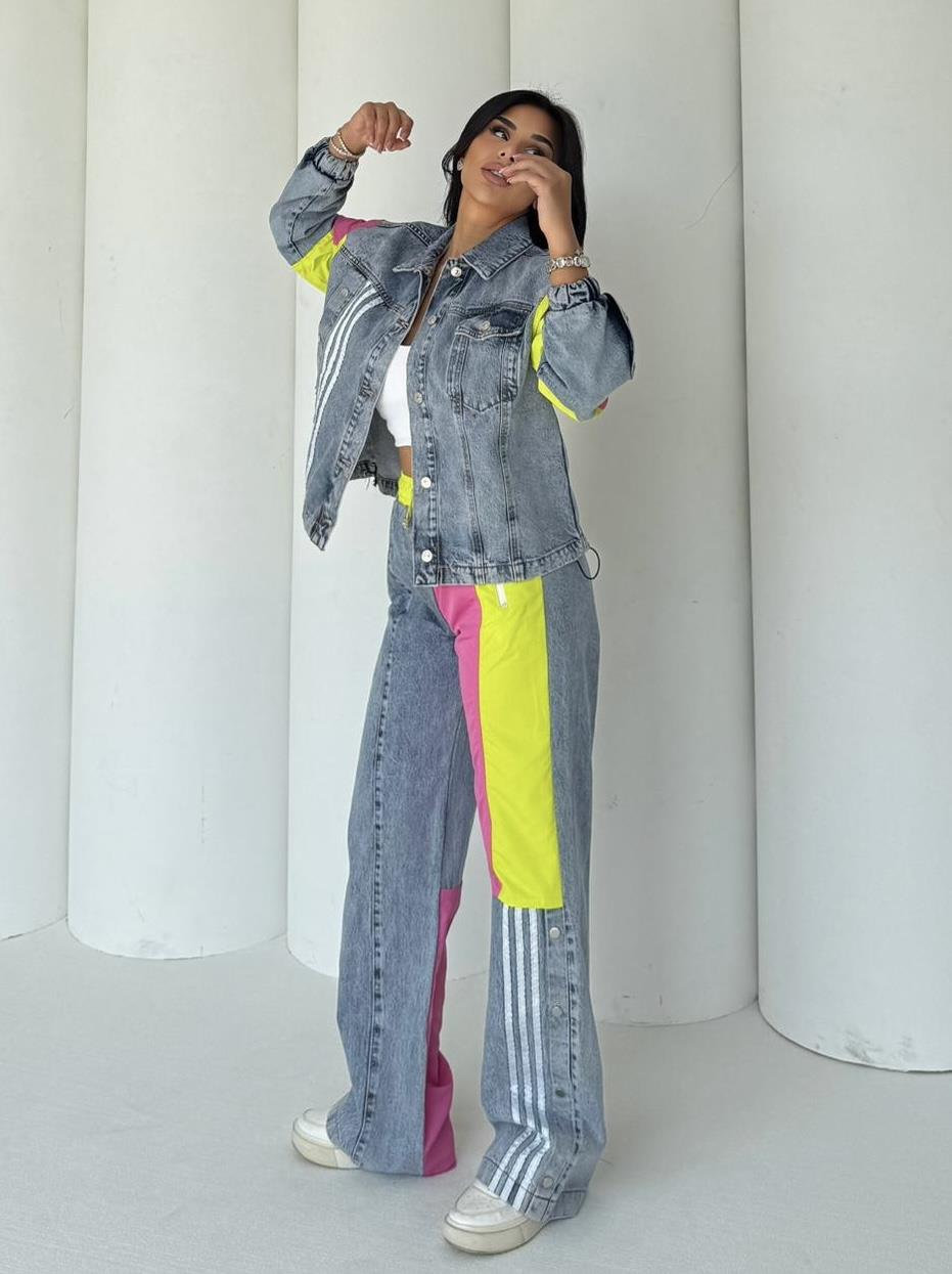 Delita Paraşüt Detaylı Denim Takım Pembe