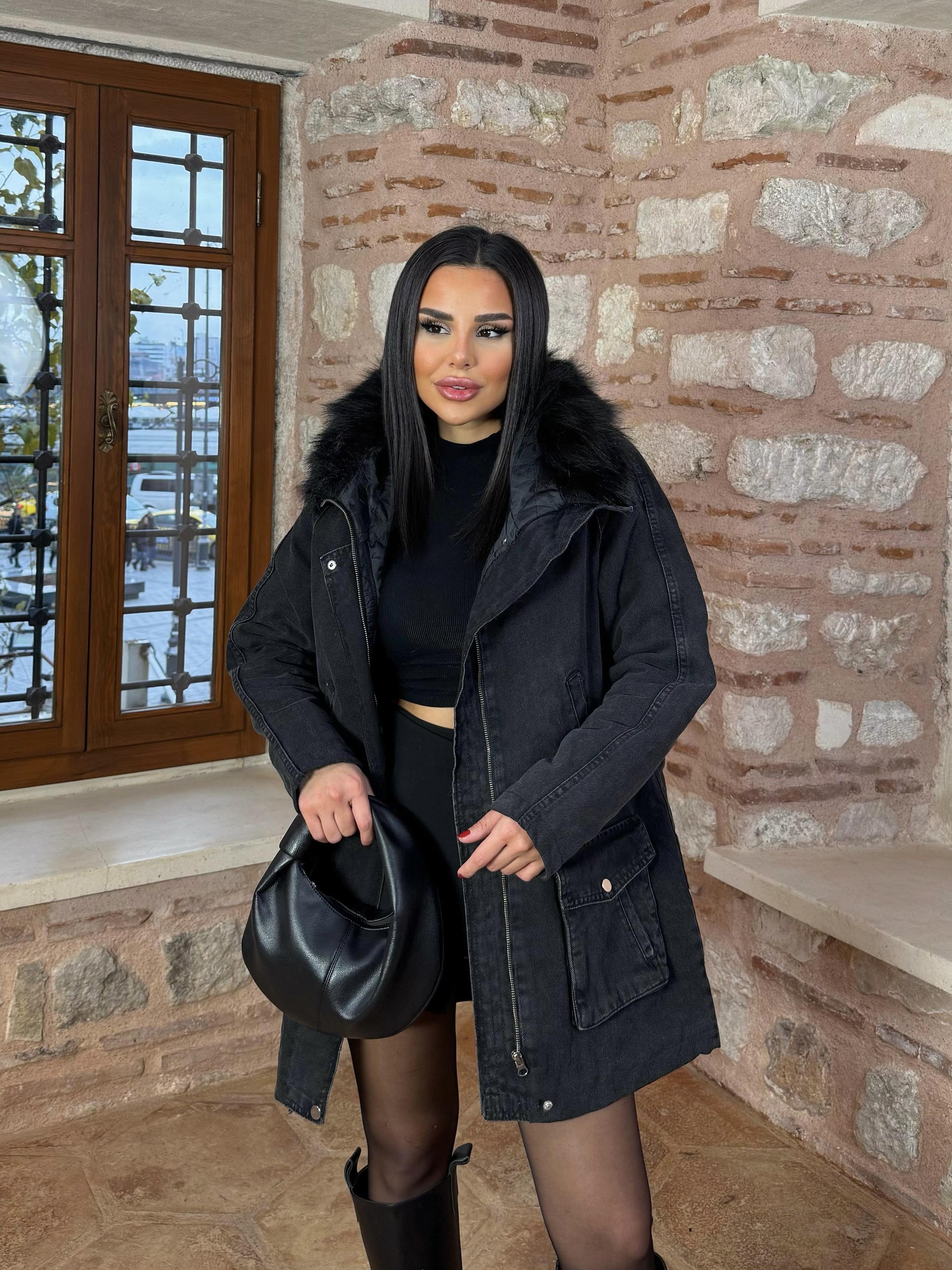 Wuala Kapşonlu Kot Mont Siyah