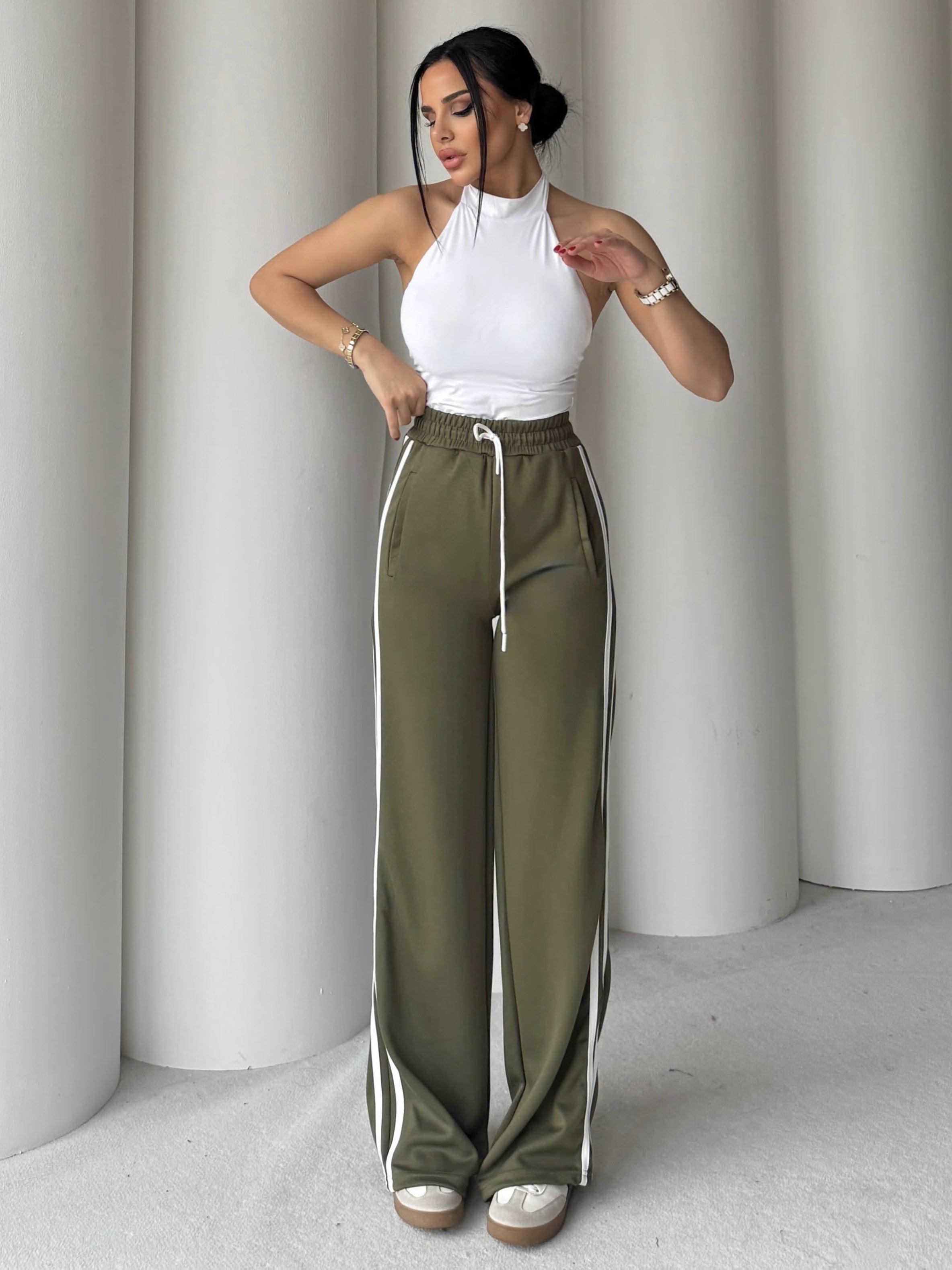 Laminta Yüksek Bel Şeritli Pantalon-Haki