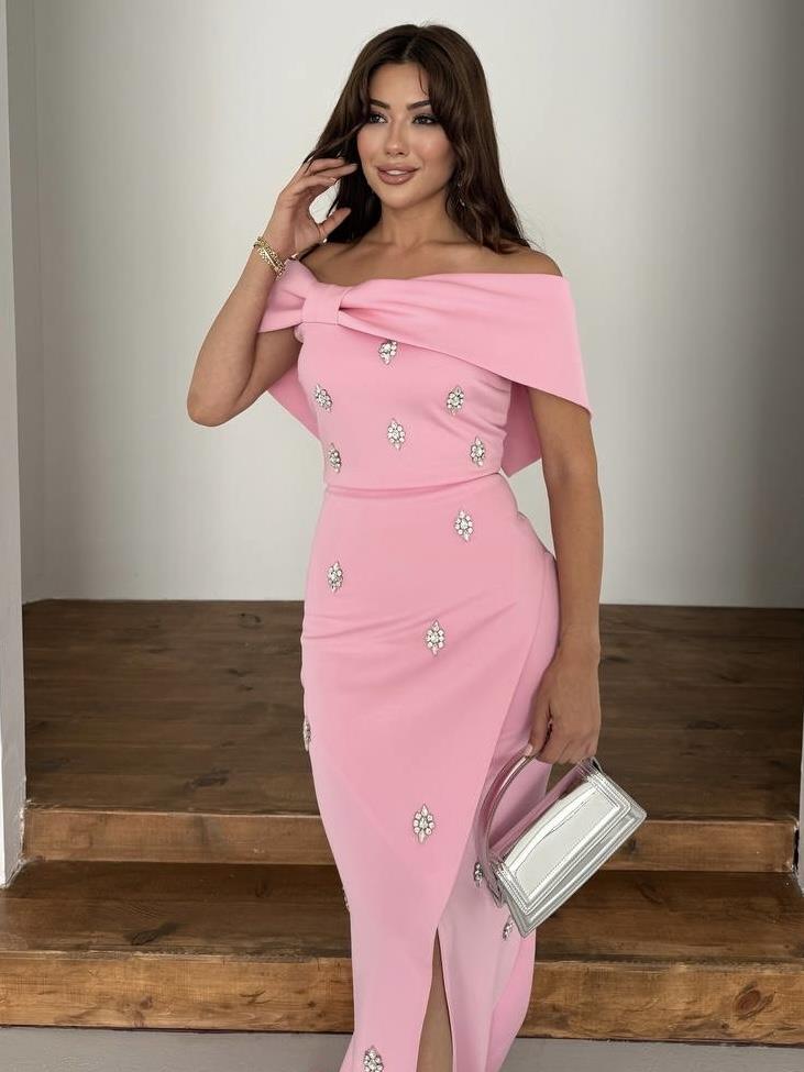 Nepali Taş Detaylı Abiye Elbise Pembe