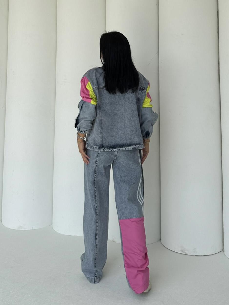 Delita Paraşüt Detaylı Denim Takım Pembe