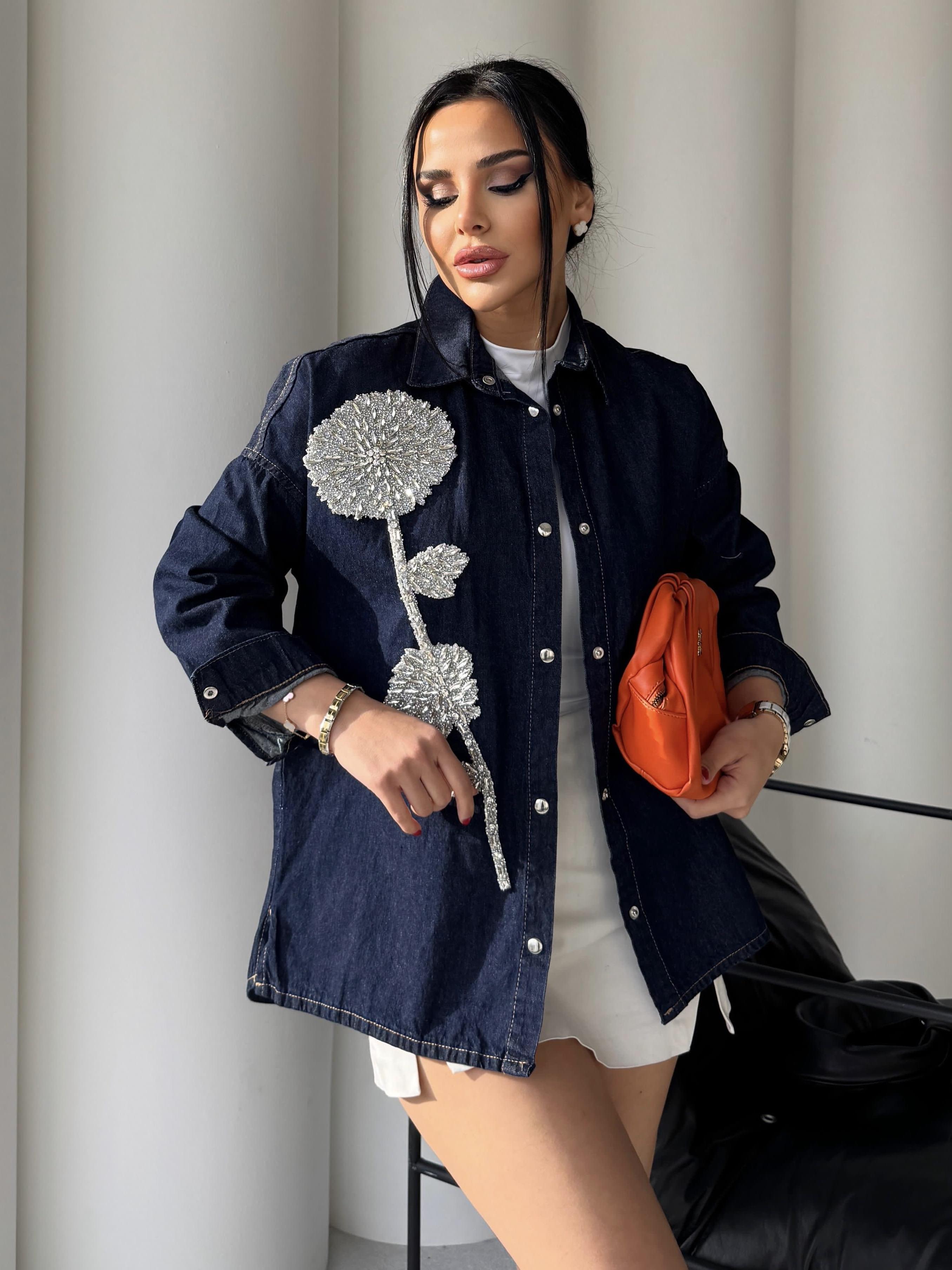 Bella Çiçek Taş Detaylı Denim Gömlek Ceket Lacivert
