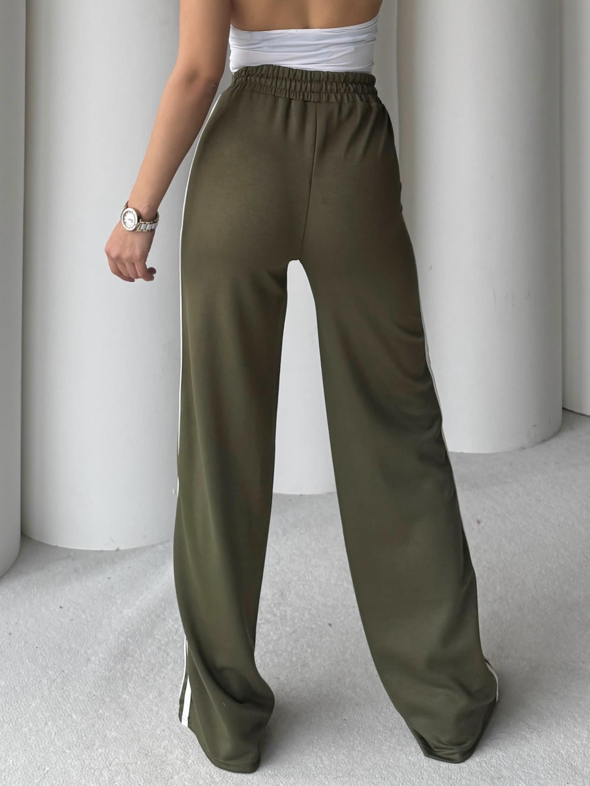 Laminta Yüksek Bel Şeritli Pantalon-Haki