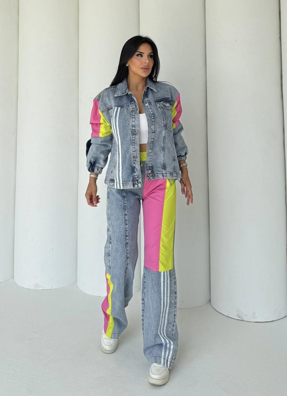 Delita Paraşüt Detaylı Denim Takım Pembe
