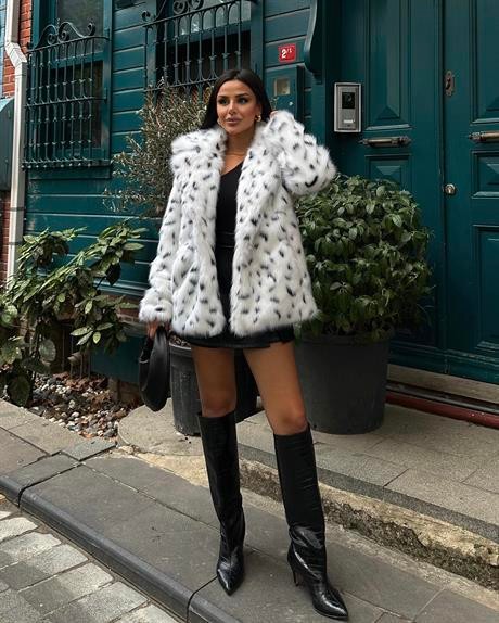 Rinda Desenli Kürk Kaban Beyaz