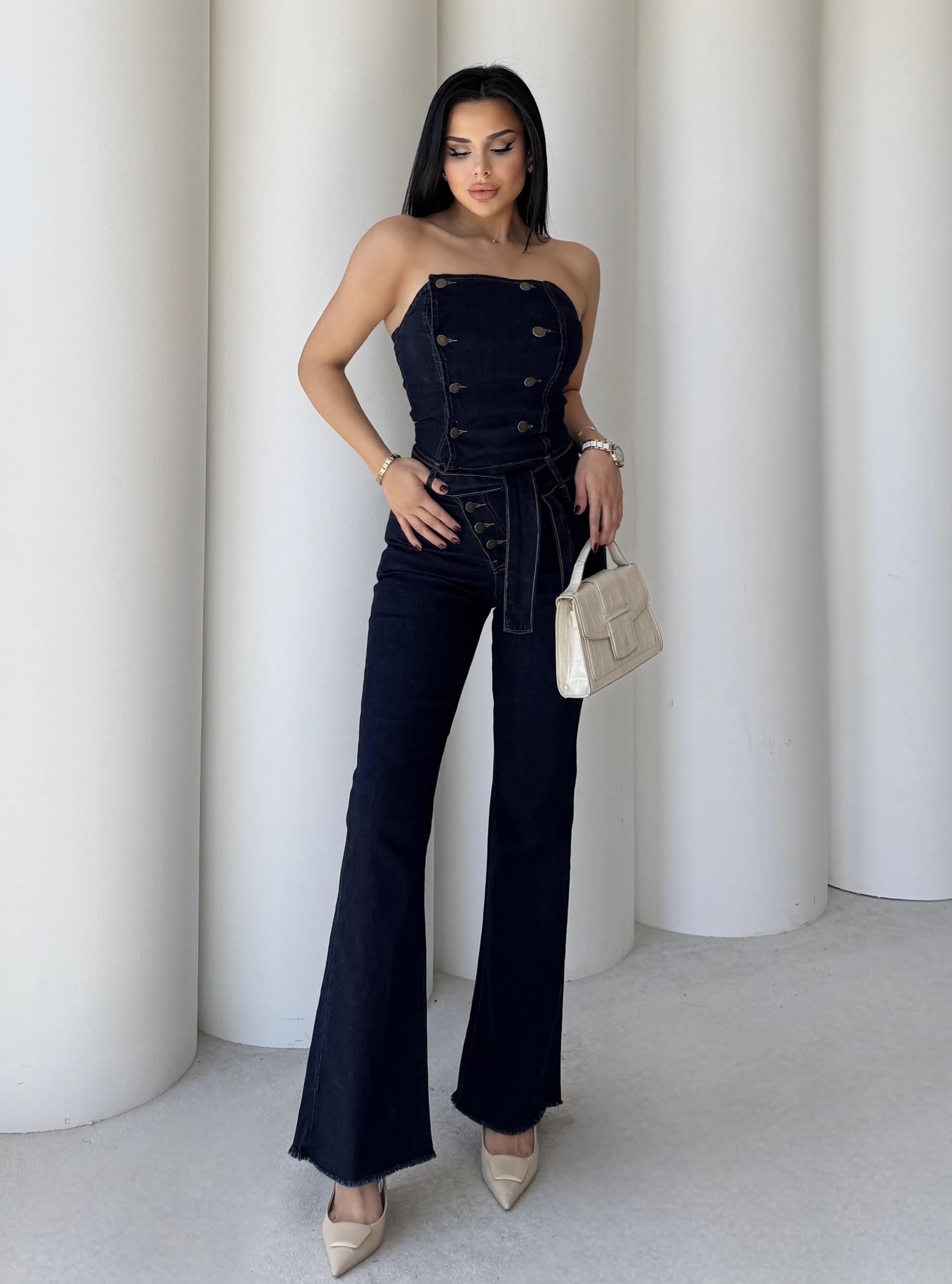 Polos Düğme Detaylı Denim Tulum Lacivert